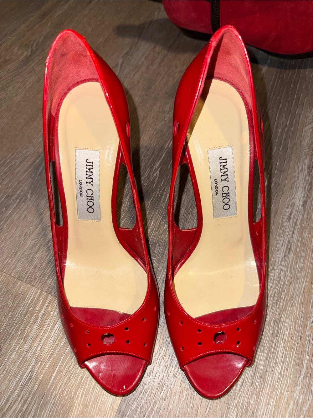 Jimmy Choo Red Patent Peep-Toe Pumps